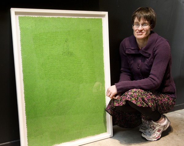 Hamilton artist Cherie Mellsopp created her winning entry Green Spot with Pen by using around 1500 green sticker dots carefully layered to build an intricate and textured canvas.